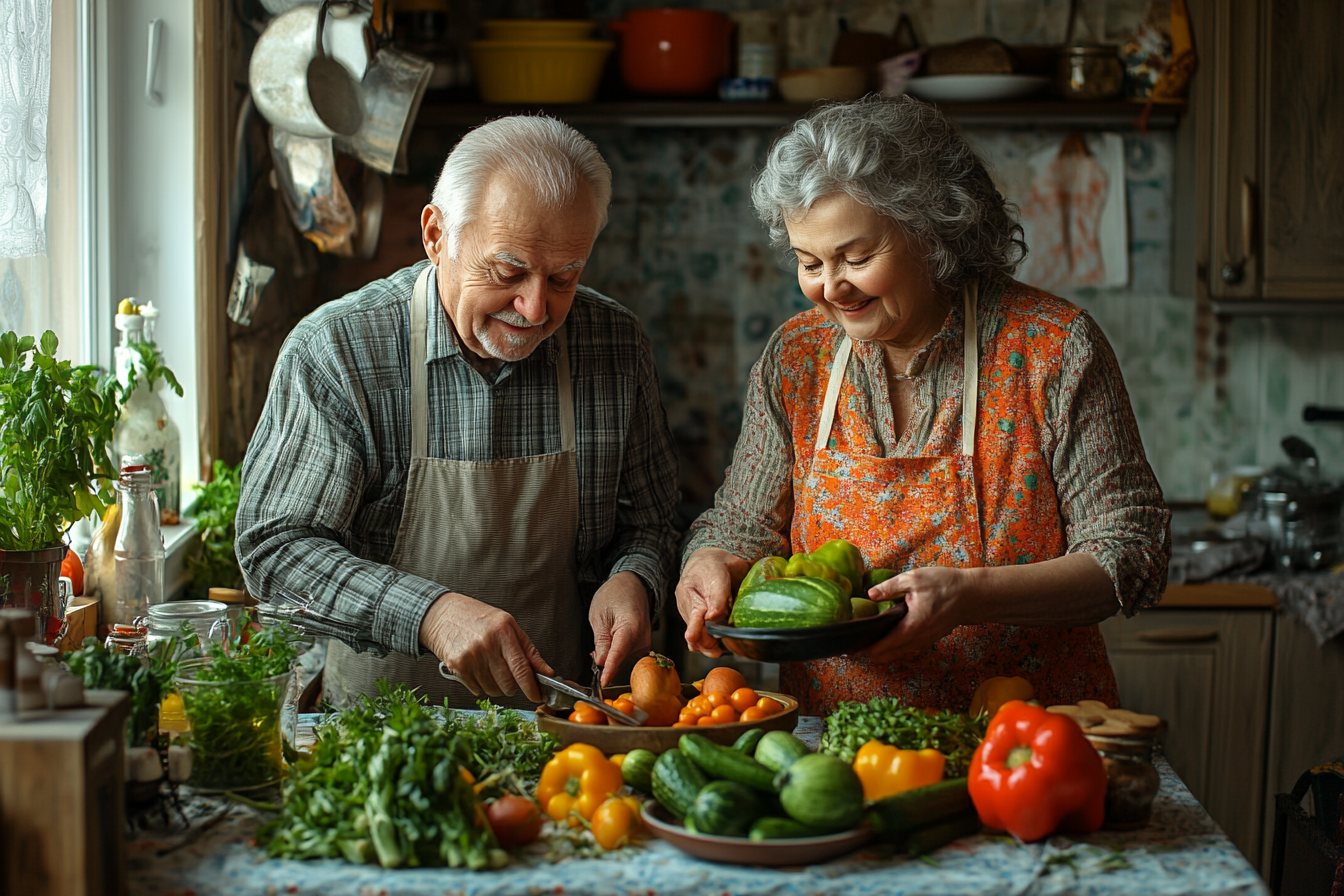 Щаслива пара старшого віку готує здорову їжу
